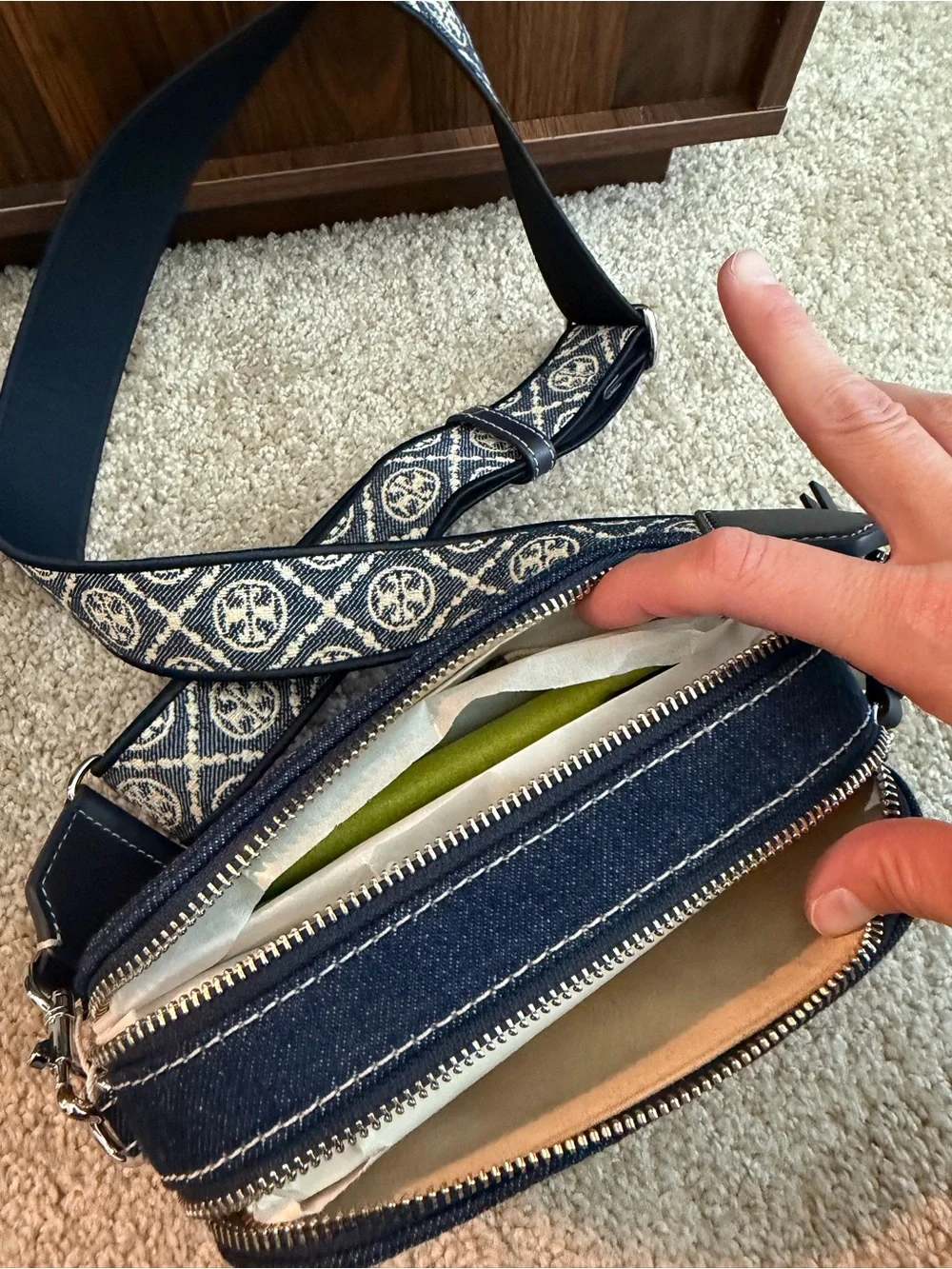 Tory Burch Miller Denim Camera Crossbody with Jacquard Logo Strap